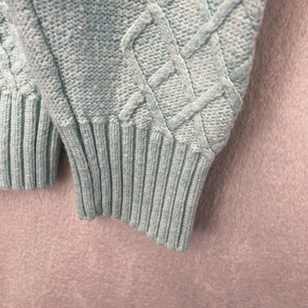 Talbots Cable Knit Sweater Womens Petite Large PL‎ Aqua Blue Buttons Old Money
